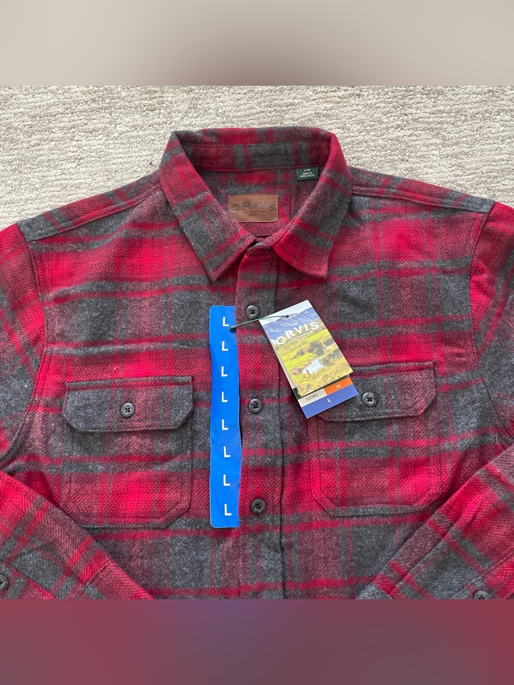 Orvis Red Plaid Heavyweight Flannel Long Sleeve Button-Up Shirt Pockets Mens L